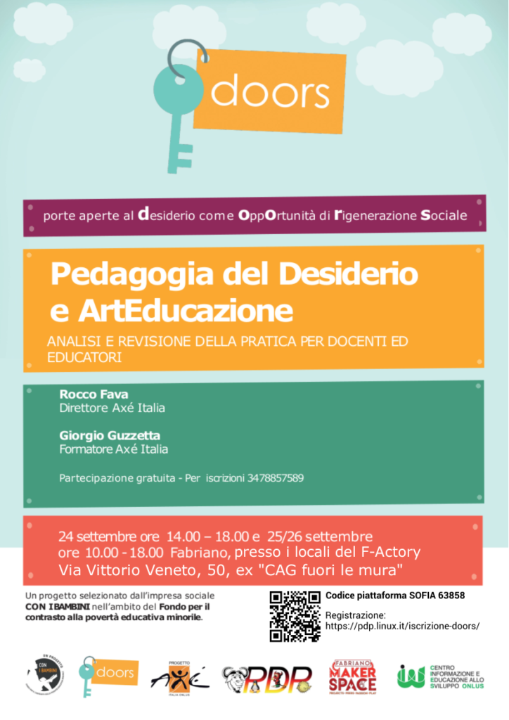 Locandina del corso Pedagogia del Desiderio e ArtEducazione dal 24 al 26 settembre